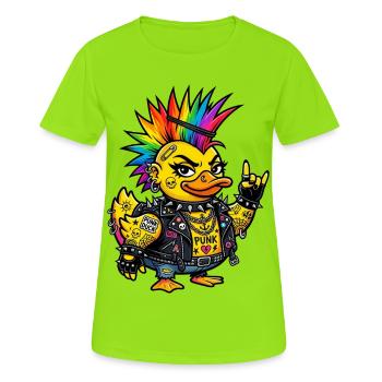 Punk-Gummiente mit Regenbogen Irokesenschnitt - Frauen T-Shirt atmungsaktiv - Neongrün - Vorne - AI Model Female 172 dark (172cm)