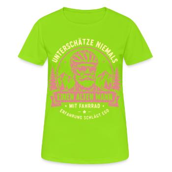 Unterschätze niemals alten Mann mit Fahrrad - Frauen T-Shirt atmungsaktiv - Neongrün - Vorne - AI Model Female 172 dark (172cm)