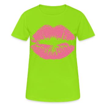 Kussmund mit Lippenstift Lippe Abdruck rosa - Frauen T-Shirt atmungsaktiv - Neongrün - Vorne - AI Model Female 172 dark (172cm)