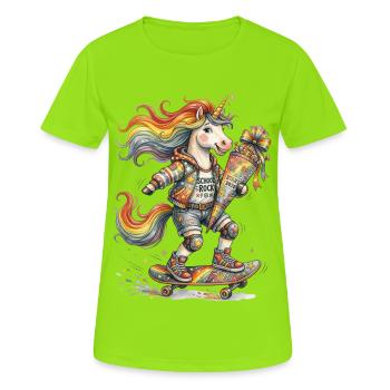 Skater Einhorn Schulanfang 2026 - Frauen T-Shirt atmungsaktiv - Neongrün - Vorne - AI Model Female 172 dark (172cm)