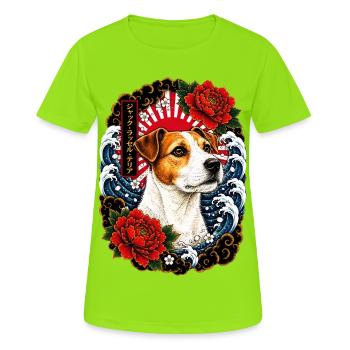 Jack Russell Terrier im Japan Tattoo Stil - Frauen T-Shirt atmungsaktiv - Neongrün - Vorne - AI Model Female 172 dark (172cm)