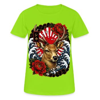 Hirsch im japanischen Irezumi Tattoo Stil - Frauen T-Shirt atmungsaktiv - Neongrün - Vorne - AI Model Female 172 dark (172cm)