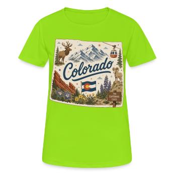 Vintage Colorado Rocky Mountains Kunstaufkleber - Frauen T-Shirt atmungsaktiv - Neongrün - Vorne - AI Model Female 172 dark (172cm)