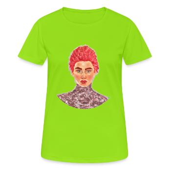 Texturiertes, glänzendes rotes Porträt - Frauen T-Shirt atmungsaktiv - Neongrün - Vorne - AI Model Female 172 dark (172cm)