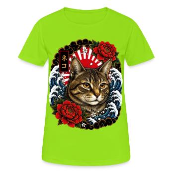 Katze im japanischen Irezumi Tattoo Stil - Frauen T-Shirt atmungsaktiv - Neongrün - Vorne - AI Model Female 172 dark (172cm)