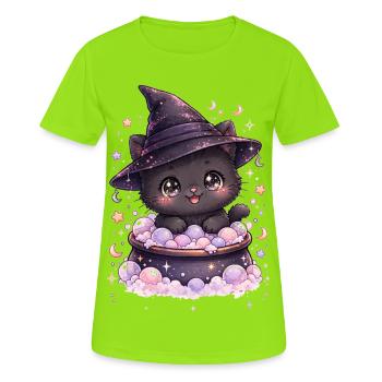 Sorcières - Chat Sorcier Kawaii - T-shirt respirant Femme - vert néon - Devant - AI Model Female 172 dark (172cm)