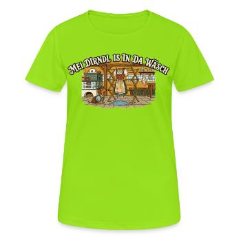 Mei Dirndl is in da Wäsch – Comic - Frauen T-Shirt atmungsaktiv - Neongrün - Vorne - AI Model Female 172 dark (172cm)