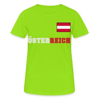 ÖSTERREICH Trikot Look - Flagge Fahne auf Brust - Frauen T-Shirt atmungsaktiv - Neongrün - Vorne - AI Model Female 172 dark (172cm)
