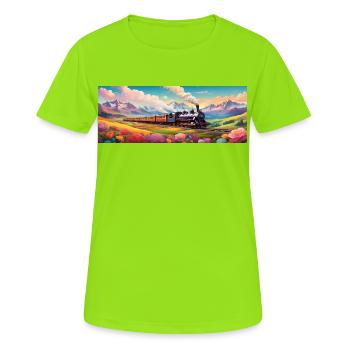 Nostalgischer Eisenbahnzug mit Dampflokomotive - Frauen T-Shirt atmungsaktiv - Neongrün - Vorne - AI Model Female 172 dark (172cm)
