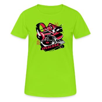 Kassettenrekorder,Kopfhörer und Plattenspieler - Frauen T-Shirt atmungsaktiv - Neongrün - Vorne - AI Model Female 172 dark (172cm)