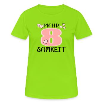 Mehr Achtsamkeit - Bewusstsein Meditation - Frauen T-Shirt atmungsaktiv - Neongrün - Vorne - AI Model Female 172 dark (172cm)
