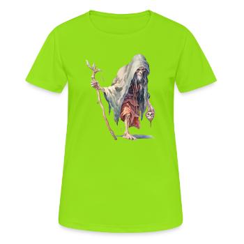 Gruseliger Waldmagier – Dark Fantasy Zauberer - Frauen T-Shirt atmungsaktiv - Neongrün - Vorne - AI Model Female 172 dark (172cm)