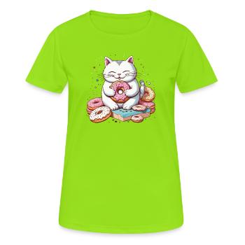 Katze frisst Donuts, Feinschmecker-Katzenhumor - Frauen T-Shirt atmungsaktiv - Neongrün - Vorne - AI Model Female 172 dark (172cm)