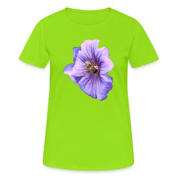 Violette Blüte mit Biene - Frauen T-Shirt atmungsaktiv - Neongrün - Vorne - AI Model Female 172 dark (172cm)