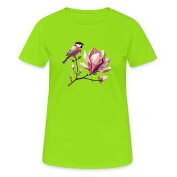 Vogel auf Magnolienzweig – Harmonische Komposition - Frauen T-Shirt atmungsaktiv - Neongrün - Vorne - AI Model Female 172 dark (172cm)