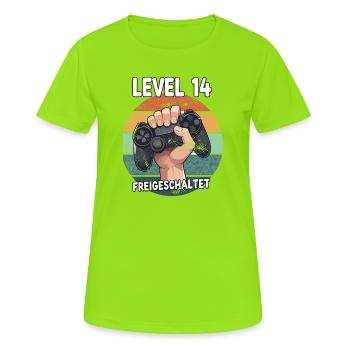 Manette déverrouillée de niveau 14 - T-shirt respirant Femme - vert néon - Devant - AI Model Female 172 dark (172cm)