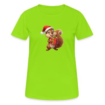 Weihnachts-Eichhörnchen mit Geschenk - Frauen T-Shirt atmungsaktiv - Neongrün - Vorne - AI Model Female 172 dark (172cm)