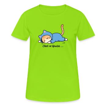 Schlafende Katze im blauen Hoodie, Katze erschöpft mich - Frauen T-Shirt atmungsaktiv - Neongrün - Vorne - AI Model Female 172 dark (172cm)