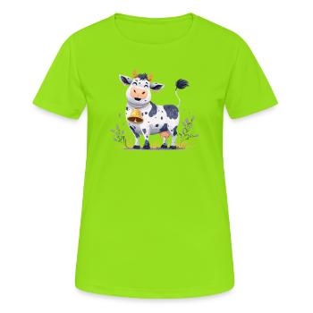 Lustige Kuh mit Glocke - Frauen T-Shirt atmungsaktiv - Neongrün - Vorne - AI Model Female 172 dark (172cm)