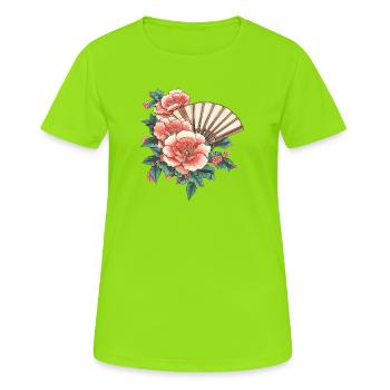 Pfingstrose und Fächer - Frauen T-Shirt atmungsaktiv - Neongrün - Vorne - AI Model Female 172 dark (172cm)