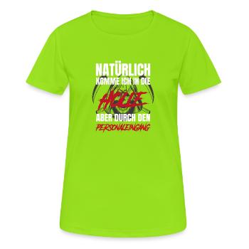 Natürlich in die Hölle durch Personaleingang - Frauen T-Shirt atmungsaktiv - Neongrün - Vorne - AI Model Female 172 dark (172cm)