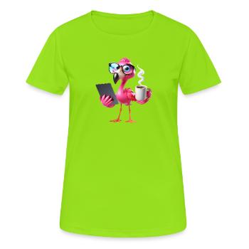 Flamant rose au bureau avec tablette et café - T-shirt respirant Femme - vert néon - Devant - AI Model Female 172 dark (172cm)