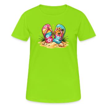 Flip Flops am Strand Illustration  - Frauen T-Shirt atmungsaktiv - Neongrün - Vorne - AI Model Female 172 dark (172cm)
