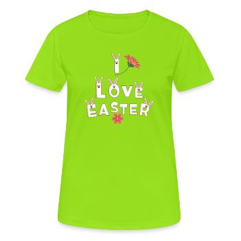 Osterliebe mit Hase und Blume - Frauen T-Shirt atmungsaktiv - Neongrün - Vorne - AI Model Female 172 dark (172cm)