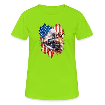 Dampfzug Patriotismus mit US Flagge - Frauen T-Shirt atmungsaktiv - Neongrün - Vorne - AI Model Female 172 dark (172cm)