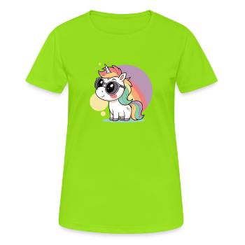 Pastell-Einhorn in Brille und Regenbogen - Frauen T-Shirt atmungsaktiv - Neongrün - Vorne - AI Model Female 172 dark (172cm)