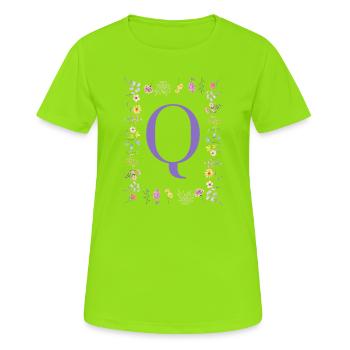 Monogramme « Q », initiales florales - T-shirt respirant Femme - vert néon - Devant - AI Model Female 172 dark (172cm)