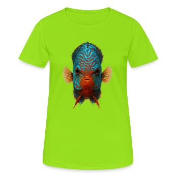 Blauer und oranger Diskusfisch mit intensiven Augen - Frauen T-Shirt atmungsaktiv - Neongrün - Vorne - AI Model Female 172 dark (172cm)