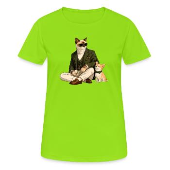 Elegante Kater & Chihuahua im Gentleman-Stil - Frauen T-Shirt atmungsaktiv - Neongrün - Vorne - AI Model Female 172 dark (172cm)