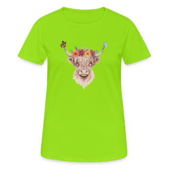 Blumenkrone Hochlandrind Illustration - Frauen T-Shirt atmungsaktiv - Neongrün - Vorne - AI Model Female 172 dark (172cm)