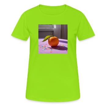 Festliches Orange auf lila Tisch und Konfetti - Frauen T-Shirt atmungsaktiv - Neongrün - Vorne - AI Model Female 172 dark (172cm)