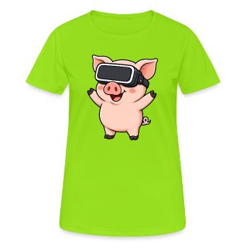 Cute Cartoon Pig Virtual Reality Gamer - Women's Breathable T-Shirt - neon green - Front - AI Model Female 172 dark (172cm)