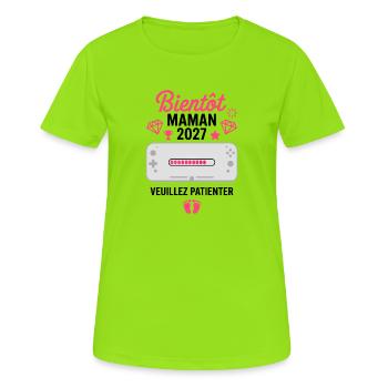 Bientôt Maman 2027 Gamer Annonce Grossesse - T-shirt respirant Femme - vert néon - Devant - AI Model Female 172 dark (172cm)