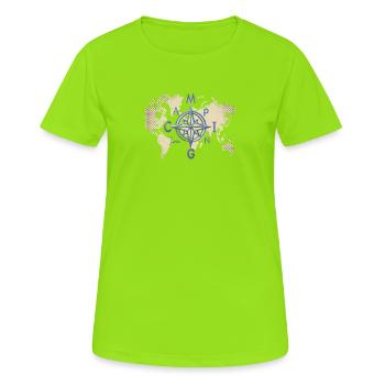 Camping sur la carte du monde Compass - T-shirt respirant Femme - vert néon - Devant - AI Model Female 172 dark (172cm)