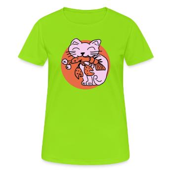 Katze frisst Krebs auf - Frauen T-Shirt atmungsaktiv - Neongrün - Vorne - AI Model Female 172 dark (172cm)