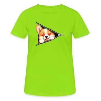 Corgi Hund Reißverschluss - Frauen T-Shirt atmungsaktiv - Neongrün - Vorne - AI Model Female 172 dark (172cm)