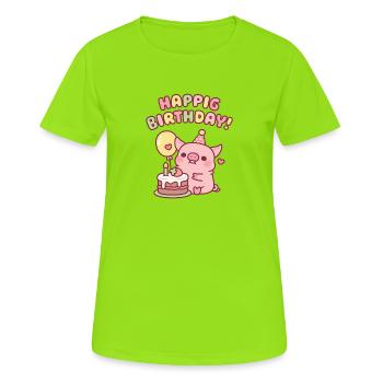 Süßes Schwein mit Geburtstagstorte, Wortspiel zum Geburtstagsglück - Frauen T-Shirt atmungsaktiv - Neongrün - Vorne - AI Model Female 172 dark (172cm)