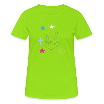 Handzeichen mit Kreuz, Sternen und Mond - Frauen T-Shirt atmungsaktiv - Neongrün - Vorne - AI Model Female 172 dark (172cm)