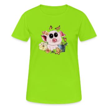 Petit cochon mignon aux yeux globuleux - T-shirt respirant Femme - vert néon - Devant - AI Model Female 172 dark (172cm)