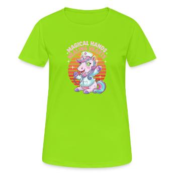 Magical Hands Healing Hearts Unicorn - Women's Breathable T-Shirt - neon green - Front - AI Model Female 172 dark (172cm)