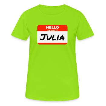 Bonjour, je m’appelle Julia Étiquette Étiquette Étiquette - T-shirt respirant Femme - vert néon - Devant - AI Model Female 172 dark (172cm)