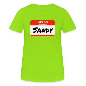 Bonjour, je m’appelle Sandy, étiquette Étiquette Étiquette - T-shirt respirant Femme - vert néon - Devant - AI Model Female 172 dark (172cm)