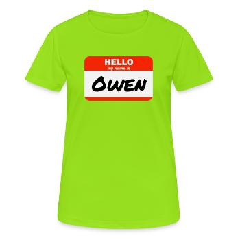 Bonjour, je m’appelle Owen Étiquette Étiquette Étiquette - T-shirt respirant Femme - vert néon - Devant - AI Model Female 172 dark (172cm)
