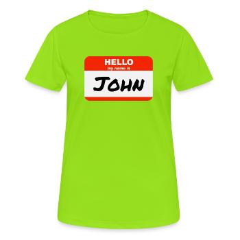 Bonjour, je m’appelle John Étiquette Étiquette Étiquette - T-shirt respirant Femme - vert néon - Devant - AI Model Female 172 dark (172cm)