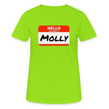 Bonjour, je m’appelle Molly Étiquette Étiquette Étiquette - T-shirt respirant Femme - vert néon - Devant - AI Model Female 172 dark (172cm)