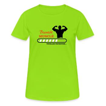 Bientôt musclé  - T-shirt respirant Femme - vert néon - Devant - AI Model Female 172 dark (172cm)